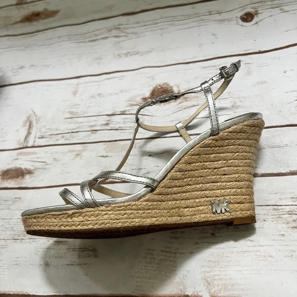 Michael Michael Kors Wedge Sandal Silver Metallic Espadrille Strappy 8.5